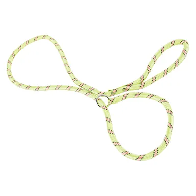 Żółta smycz dla psa z plecionego sznura z odblaskowymi paskami i metalowym kółkiem, odpowiednia na spacery.