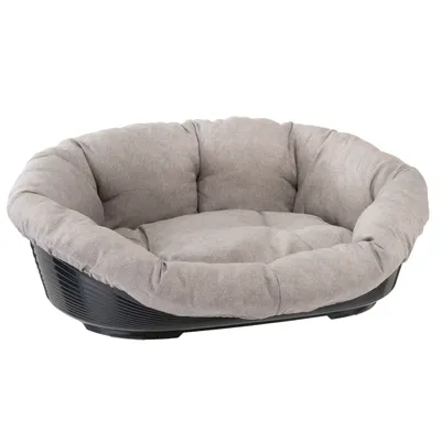 Letto per pet ovale con struttura in plastica nera e rivestimento in tessuto grigio imbottito. Adatto per comfort e riposo.