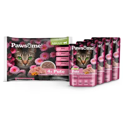 Pawsome! Adult gazdaságos csomag 4x pulyka szószban. Magas tápanyagtartalmú menü, hozzáadott cukor nélkül, taurinnal. Felnőtt macskáknak.