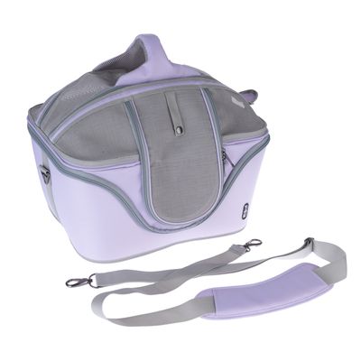 Lila transporttas met grijs net, ritsen en afneembare schouderriem. Zichtbaar logo: Trixie.