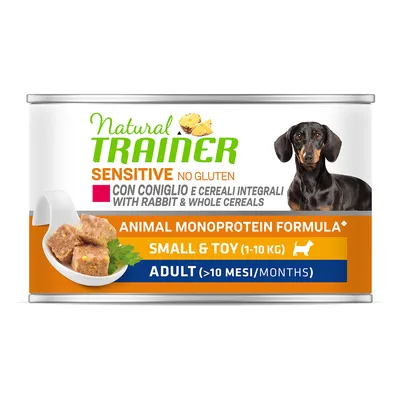 Natural Trainer Sensitive No Gluten con coniglio e cereali integrali. Formula monoproteica per cani piccoli (1-10 kg), adulti da 10 mesi. Natural Trainer Sensitive No Gluten con coniglio e cereali integrali. Formula monoproteica per cani piccoli (1-10 kg), adulti da 10 mesi.