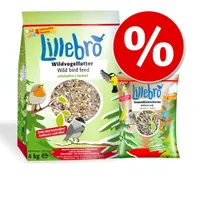 Lillebro Wildvogelfutter Wild bird feed 4 kg és Lillebro Sonnenblumenkerne Sunflower seeds 1 kg csomag, Ambrosia controlled, schalenfrei, akciós jelzés piros körben % jellel