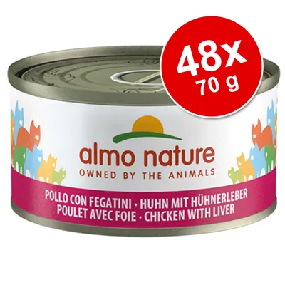 almo nature OWNED BY THE ANIMALS, POLLO CON FEGATINI · HUHN MIT HÜHNERLEBER · POULET AVEC FOIE · CHICKEN WITH LIVER, 48×70 g synligt på förpackningen
