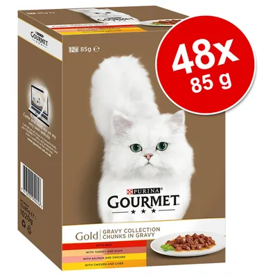 Purina Gourmet Gold Gravy Collection για γάτες, 48x85g. Ορατές γεύσεις: βοδινό, γαλοπούλα & πάπια, σολομός & κοτόπουλο, κοτόπουλο & συκώτι. Εικόνα λευκής γάτας στη συσκευασία.