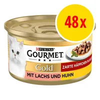 Purina Gourmet Gold kattmat, mit lachs und huhn, 48x. Bild på vit katt och tallrik med bitar i sås synliga på förpackningen.