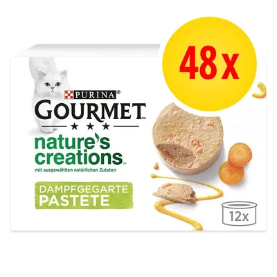 Purina Gourmet nature's creations Dampfgegarte Pastete, lot de 48x, image d’une pâtée avec carottes, texte en allemand, pack de 12 boîtes indiqué sur l’emballage.