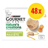 Purina Gourmet nature's creations Dampfgegarte Pastete, lot de 48x, image d’une pâtée avec carottes, texte en allemand, pack de 12 boîtes indiqué sur l’emballage.
