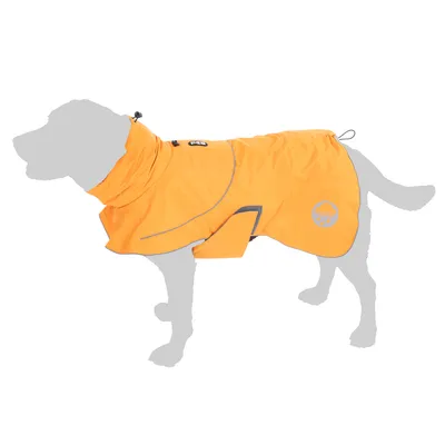 Manteau imperméable orange pour chien avec capuche, bandes réfléchissantes et logo 4LU visible sur le côté. Fermeture par scratch sous le ventre.