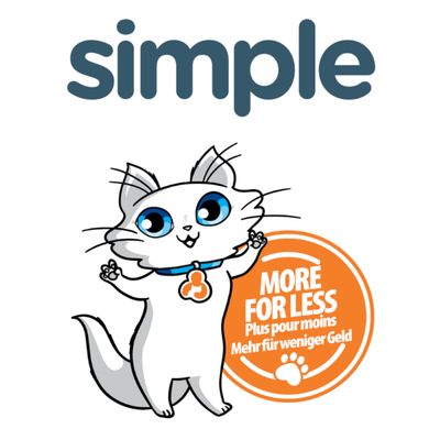 simple, MORE FOR LESS, Plus pour moins, Mehr für weniger Geld – tekst w języku angielskim, francuskim i niemieckim na pomarańczowym tle obok rysunku kota