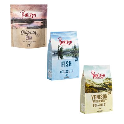 15 zł taniej! Pakiet próbny Purizon, bez zbóż, 3 x 1 kg Adult, kaczka i wołowina, 1 kg + Adult, ryba, bez zbóż, 1 kg + Adult, dziczyzna i królik, 1 kg