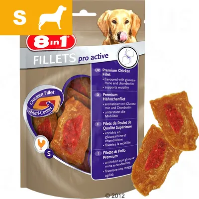 8in1 FILLETS pro active, filets de poulet pour chien, enrichis en glucosamine et chondroïtine, favorisent la mobilité, taille S visible sur l’emballage.