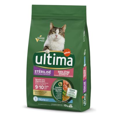 Ultima Sterilizado Digestivo krmivo pro kočky, 1,5 kg. S pstruhem, ječmenem a zeleninou. Bez barviv a konzervantů. Pro kastrované kočky s citlivým trávením.