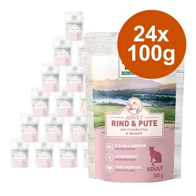 Adult Rind & Pute mit Cranberries und Distelöl, getreidefrei, hohe Akzeptanz. Packung: 24x100g, 68% Fleisch & Innereien. Für erwachsene Katzen.