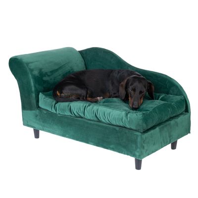 Grön husdjursoffa med vadderad liggyta och höga armstöd, lämplig för små till medelstora djur.