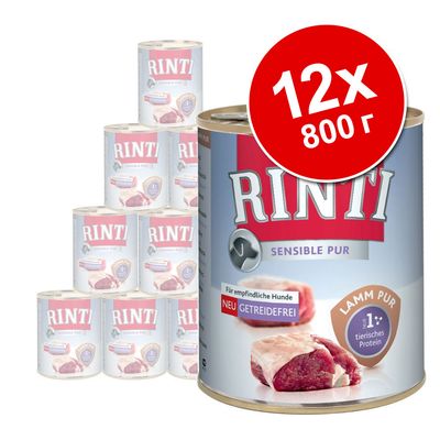 Набор из 12 консервов Rinti Sensible Pur Lamm Pur по 800 г, надпись: 'NEU GETREIDEFREI', '1% tierisches Protein'. Видны куски мяса на упаковке.