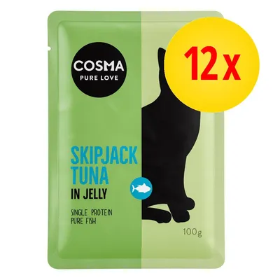 Cosma Pure Love Skipjack Tuna in Jelly, single protein pure fish, lot de 12 sachets de 100 g chacun. Texte en anglais visible sur l’emballage.