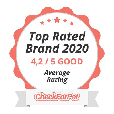Top Rated Brand 2020, 4,2 / 5 GOOD, Average Rating, CheckForPet. Текстът е на английски език.