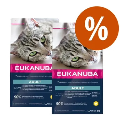 Due confezioni di Eukanuba Adult per gatti, 2 kg ciascuna, con scritta '90% Animal protein' e simbolo percentuale arancione che indica offerta o sconto visibile sull'immagine.