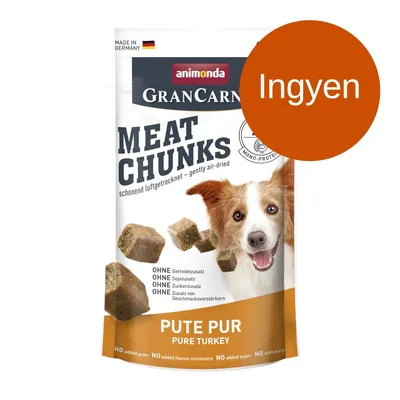 animonda GranCarno Meat Chunks Pute Pur, kíméletesen levegőn szárítva, gabona-, szója-, cukorhozzáadás és ízfokozók nélkül. Németországban készült. Ingyen.
