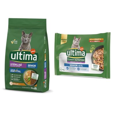 7,5 kg / 10 kg Ultima Crocchette + 4 x 70 g / 8 x 85 g Umido per gatti gratis! 10 kg Sterilized Senior Pollo + 4 x 70 g Expert Nutrition Senior Pollo & Manzo