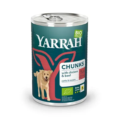 Yarrah Bio Organic Chunks с пиле и говеждо, коприва и домат. Сертификат ЕС за био NL-BIO-01, Beter Leven 3 звезди.