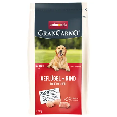 Animonda GranCarno Senior gevogelte + rund, 1kg. Zonder toegevoegde granen, rijk aan vers vlees, 100% waardevolle ingrediënten. Made in Germany.