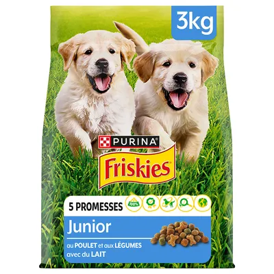Balení Purina Friskies 3 kg, 5 PROMESSES, Junior, au POULET et aux LÉGUMES avec du LAIT, obrázek granulí na obalu. Balení Purina Friskies 3 kg, 5 PROMESSES, Junior, au POULET et aux LÉGUMES avec du LAIT, obrázek granulí na obalu.