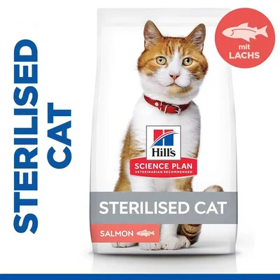 Hill's Science Plan Sterilised Cat Salmon. Опаковка с изображение на оранжево-бяла котка, надписи STERILISED CAT и SALMON, кръгъл знак mit LACHS с риба. Hill's Science Plan Sterilised Cat Salmon. Опаковка с изображение на оранжево-бяла котка, надписи STERILISED CAT и SALMON, кръгъл знак mit LACHS с риба.