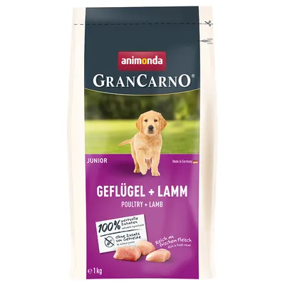 Animonda GranCarno Junior ave + cordero, hecho en Alemania, 100% ingredientes valiosos, sin cereales añadidos, rico en carne fresca, paquete de 1 kg.