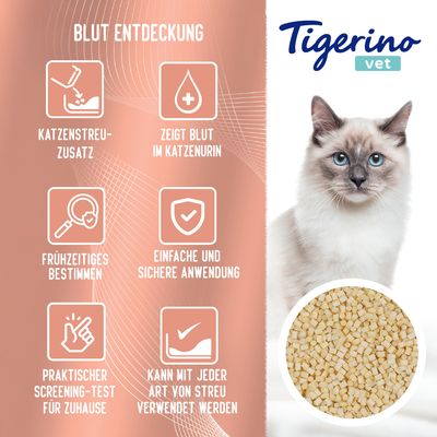 Tigerino Vet Katzenstreuzusatz zur Blutentdeckung im Urin. Frühzeitiges Bestimmen, einfache Anwendung, praktischer Screening-Test für Zuhause, kompatibel mit jeder Streuart.