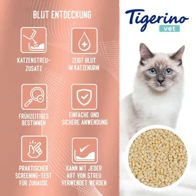 Tigerino Vet Katzenstreuzusatz zur Blutentdeckung im Urin. Frühzeitiges Bestimmen, einfache Anwendung, praktischer Screening-Test für Zuhause, kompatibel mit jeder Streuart.