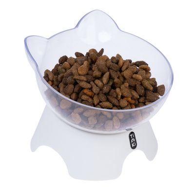 Прозрачная миска для корма в форме кошки, наполненная сухим кормом. Миска стоит на белом основании с логотипом Tiaki.