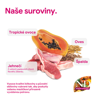 Přísady: tropické ovoce, jehněčí maso z Nového Zélandu, oves, špalda. N&D Tropical Selection. Kvalitní bílkoviny a původní obiloviny pro vyváženou výživu zvířat.