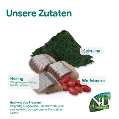 Unsere Zutaten: Spirulina, Wolfsbeere, wild gefangener Hering aus der Nordsee. Hochwertige Proteine für eine ausgewogene Mahlzeit. N&D Spirulina.