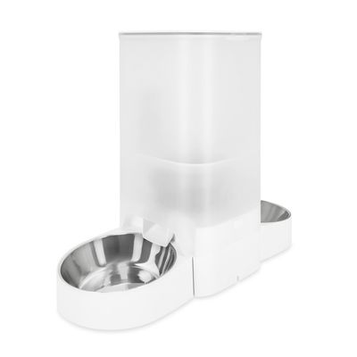 Distributore di cibo con due ciotole in acciaio inox e contenitore trasparente per cibo secco. Design bianco, adatto all’alimentazione automatica.