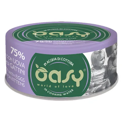Oasy cibo per gattini, 75% con uovo, in acqua di cottura. Confezione viola con logo verde e scritta 'world of love'.