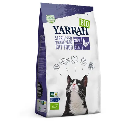 Yarrah BIO Sterilised Wheat-Free Cat Food, proteiini 35 %, rasva 11 %. Pakkauksessa mustavalkoinen kissa ja luomu-, MSC- sekä Better Leven -merkinnät.