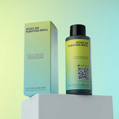 PETKIT Air Purifying Refill, roztwór do usuwania zapachów i aldehydów. Pojemność: 50 ml. Kod QR do dodatkowych informacji. Designed by PETKIT.