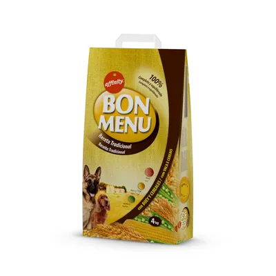 Affinity Bon Menu Receta Tradicional, 4kg. Completo y equilibrado con maíz y cereales. El envase muestra dos perros y ingredientes como maíz y trigo.