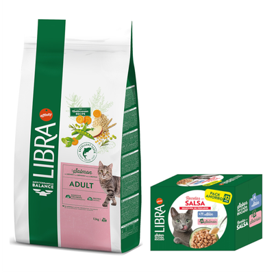 Libra Adult comida para gatos con pollo, receta mediterránea, 12 kg. Contiene Digestive Wellbeing y Protein Balance. En la imagen: gato e ingredientes como zanahorias, cereales, hierbas.
