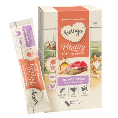 Feringa Vitality Creamy Snack, tonnikala ja kana, inuliini ja psylliuminsiemenkuoret. Karvapallojen hoito, viljaton, tauriinilla, prebiooteilla. Pakkaus sisältää 12 x 10 g.