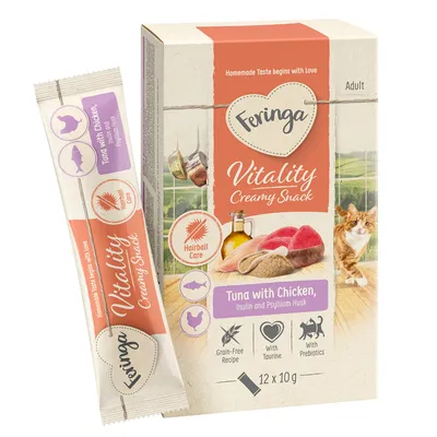 Feringa Vitality Creamy Snack, tuna with chicken, inulin and psyllium husks. Hairball care, grain-free, with taurine, with prebiotics. Pack contains 12 x 10 g.