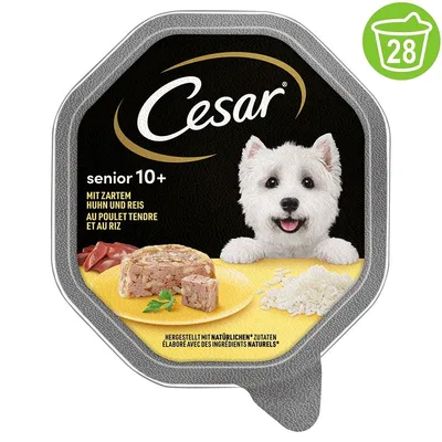 Cesar senior 10+, храна с пиле и ориз, изображение на порция пастет, парчета месо и ориз. Надпис: Hergestellt mit natürlichen Zutaten. Зелен символ с кошница и числото 28.