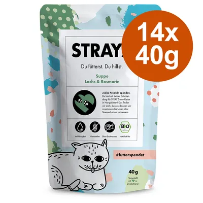 STRAYZ Suppe Lachs & Rosmarin, 14x40g. Viel Flüssigkeit, getreidefrei, ohne Zuckerzusatz, natürlich Bio. Jede Packung spendet für Katzen in Not. Hergestellt in Deutschland.