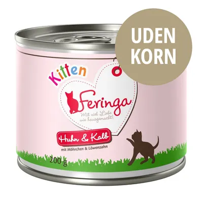 Feringa Kitten Huhn & Kalb, mit Möhrchen & Löwenzahn, 200 g. Tekst: UDEN KORN. Synlig tekst: Mit viel Liebe wie hausgemacht!