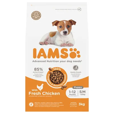 Karma IAMS Puppy z kurczakiem, 3 kg, dla szczeniąt 1–12 miesięcy, S/M do 25 kg. 85% białka zwierzęcego, 100% kompletna i zbilansowana, bez pszenicy. Opakowanie nadające się do recyklingu. Karma IAMS Puppy z kurczakiem, 3 kg, dla szczeniąt 1–12 miesięcy, S/M do 25 kg. 85% białka zwierzęcego, 100% kompletna i zbilansowana, bez pszenicy. Opakowanie nadające się do recyklingu.