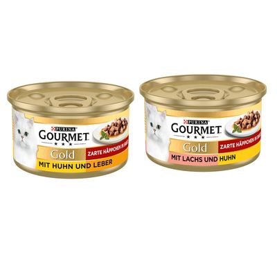 Purina Gourmet Gold, zarte Häppchen in Sauce mit Lachs und Huhn. Verpackung zeigt eine weisse Katze und ein grünes Symbol für 24 Dosen.