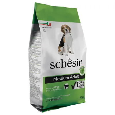Schesir Medium Adult Hundefutter, reich an Lamm, 12 kg. Tierisches Protein als erste Zutat, Biotin für gesunde Haut und Fell, italienisches Produkt.