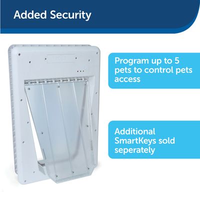 Texte en anglais : Added Security. Program up to 5 pets to control pets access. Additional SmartKeys sold separately. Chatière blanche avec rabat transparent.
