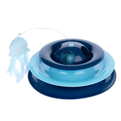 Игрушка для домашних животных с синим волчком и подвижным шариком, сверху прикреплена тканевая медуза на проволоке.